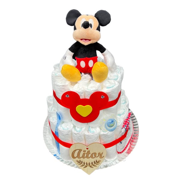 Tarta de pañales Disney con Mickey mouse para regalar en nacimientos.