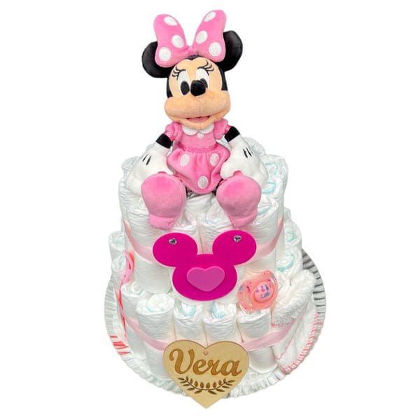 Tarta de pañales Disney con Minnie mouse para regalar en nacimientos.