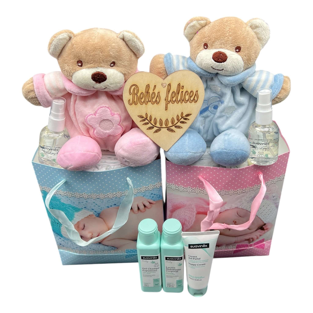 Bolsas con pañales Dodot , ositos y Suavinex para regalar a los papás de bebés mellizos o gemelos.
