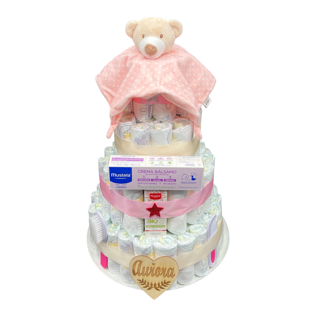 Tarta de pañales Dodot para regalar en nacimientos de bebés para niña, la mejor manera de felicitar a los papás.
