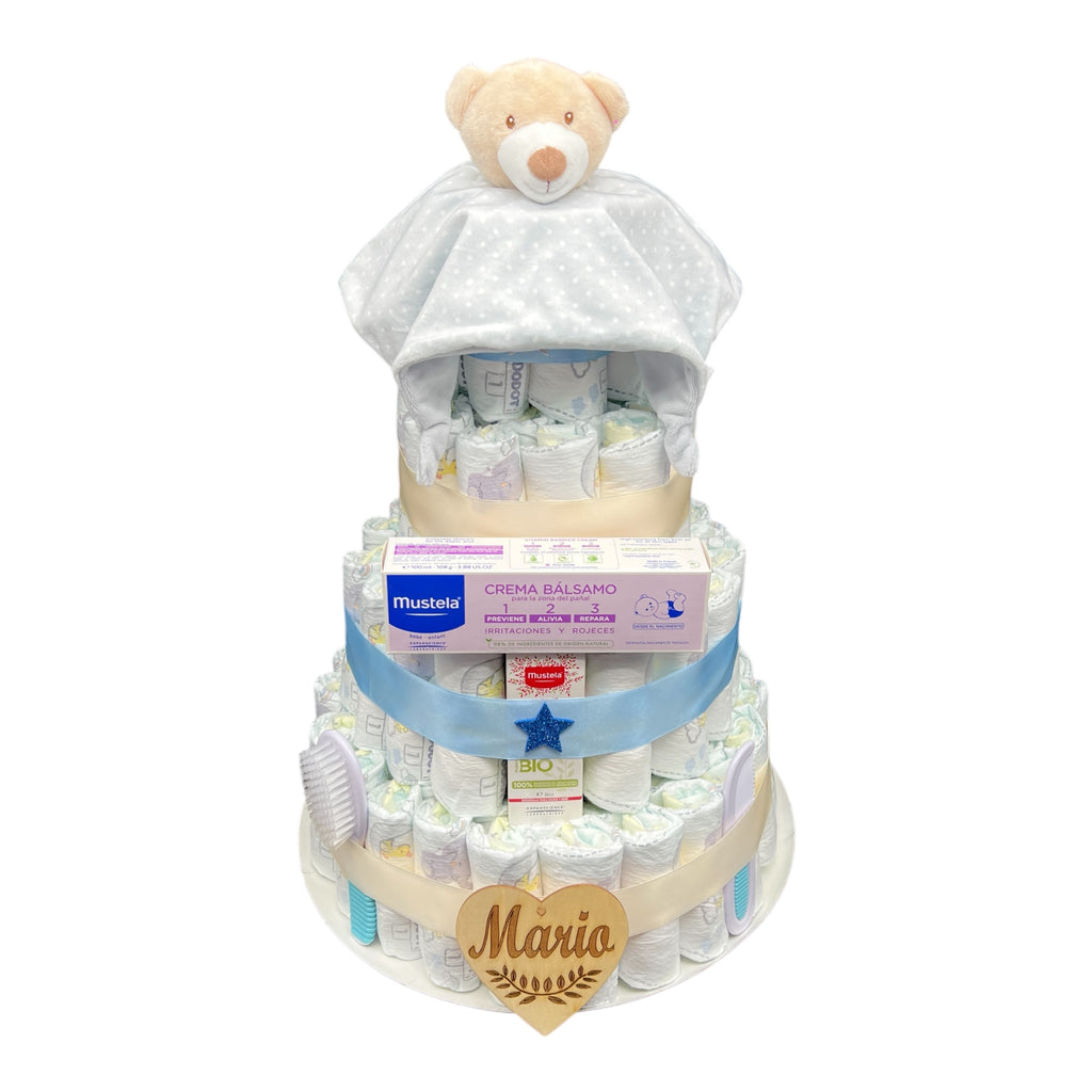 Tarta de pañales para regalar en nacimiento para bebés niño o niña. Tu mejor regalo para felicitar a los papás.