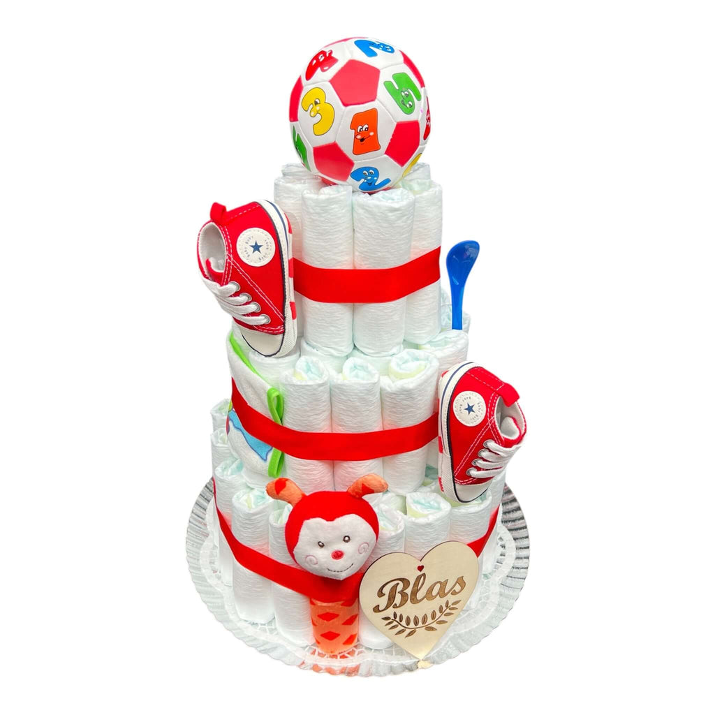 Preciosa tarta de pañales de colores para regalar a los recientes papás por el nacimiento de su bebé.