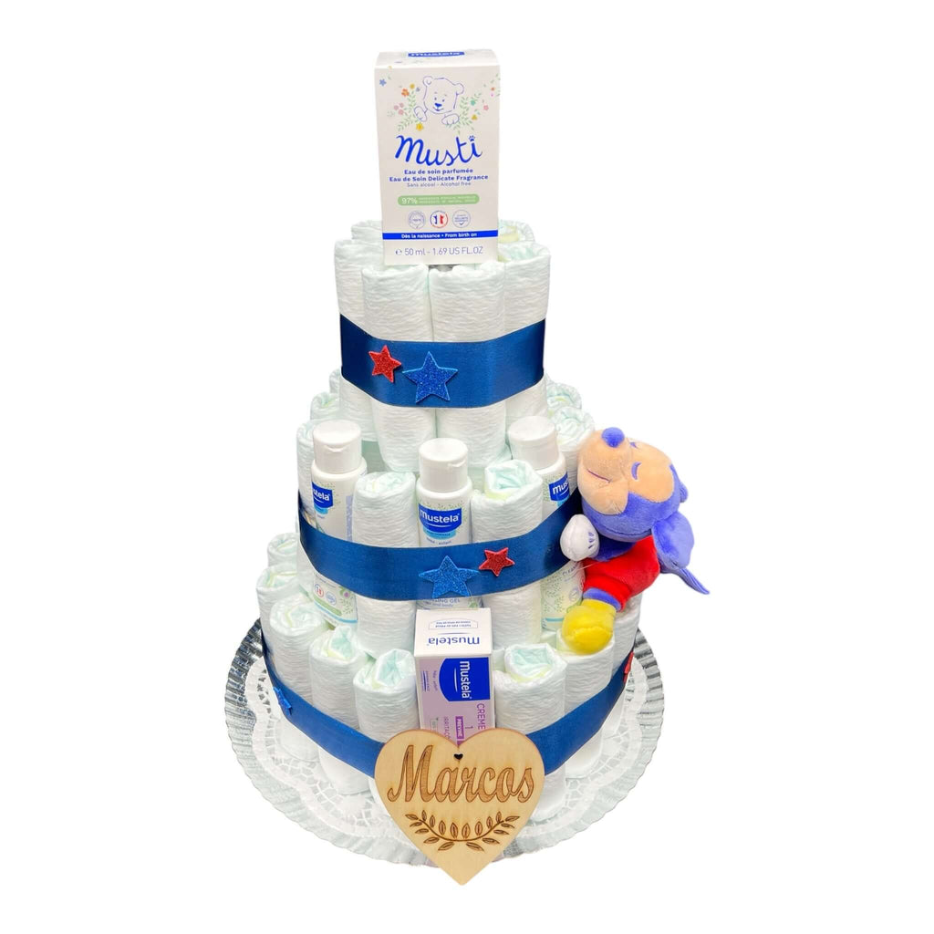 Tarta de pañales mickey mouse Mustela para regalar en nacimientos. Regalos útiles y originales para celebrar la llegada de un bebé.
