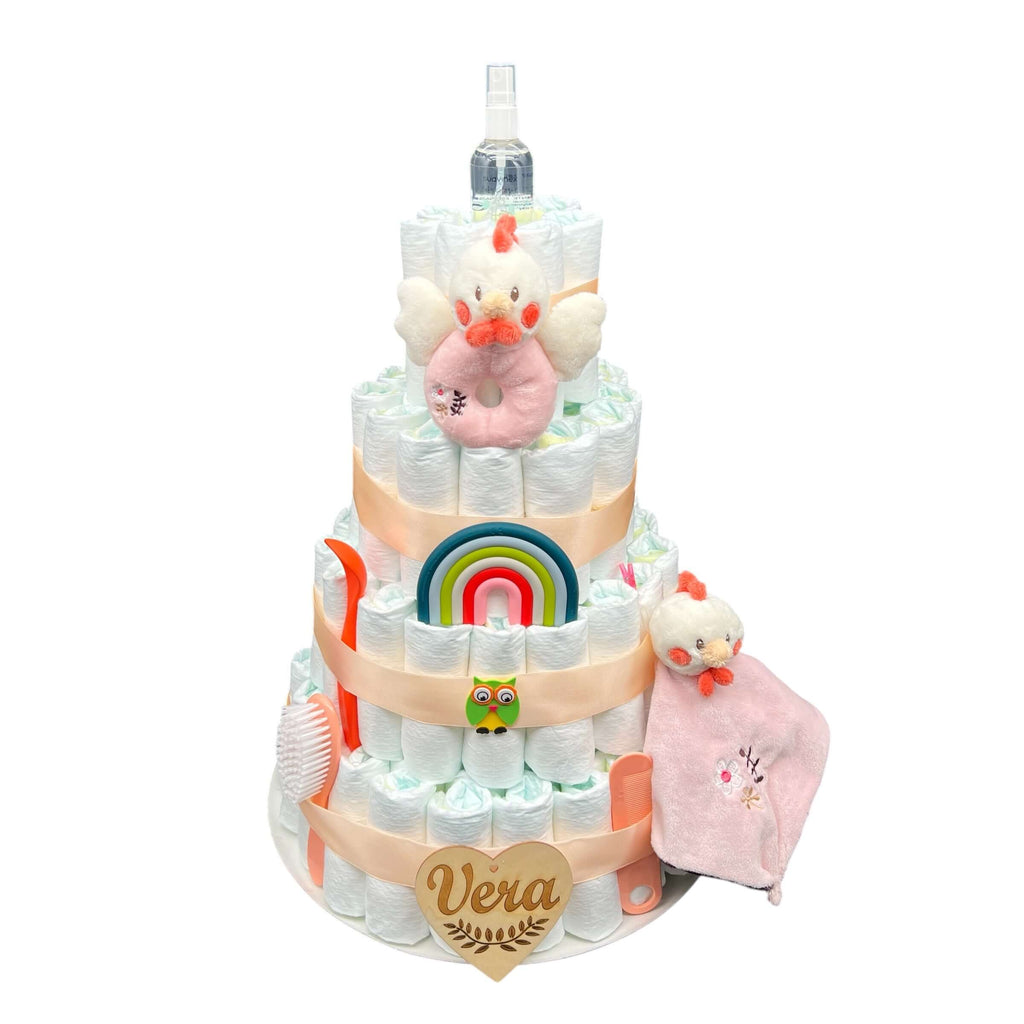 Tarta de pañales niña con productos Suavinex para la higiene y el cuidado del bebé. Ideal para regalar en nacimientos.