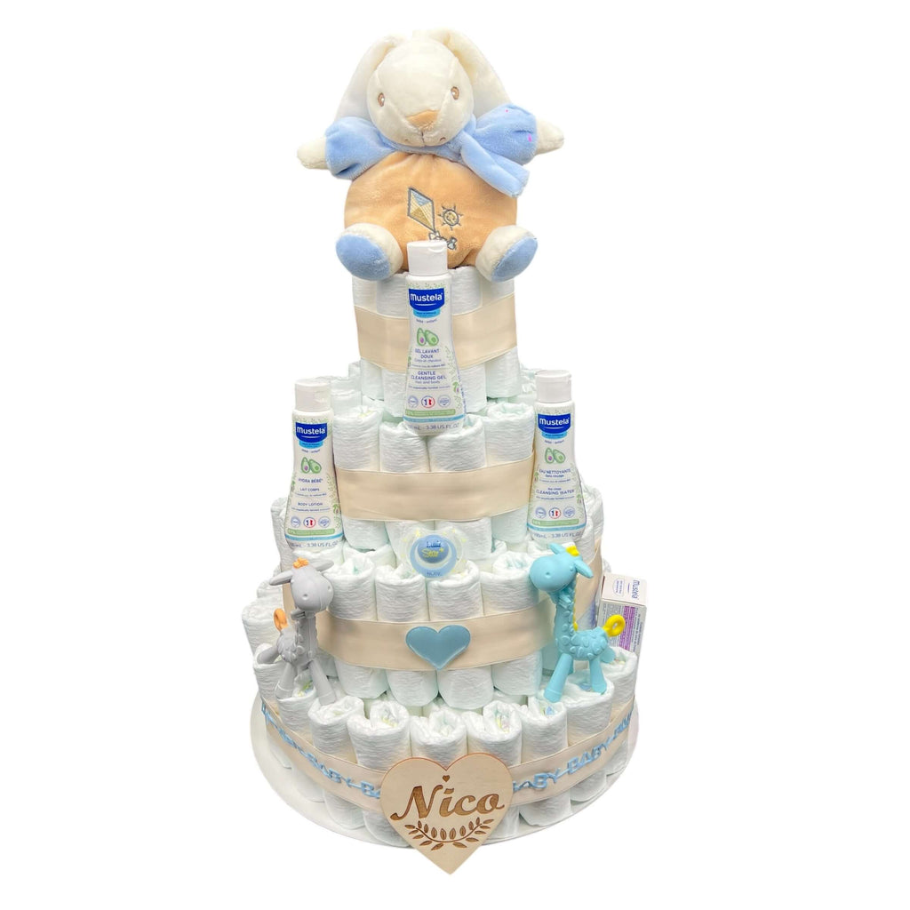 Tarta de pañales niño con mustela para regalar en nacimientos