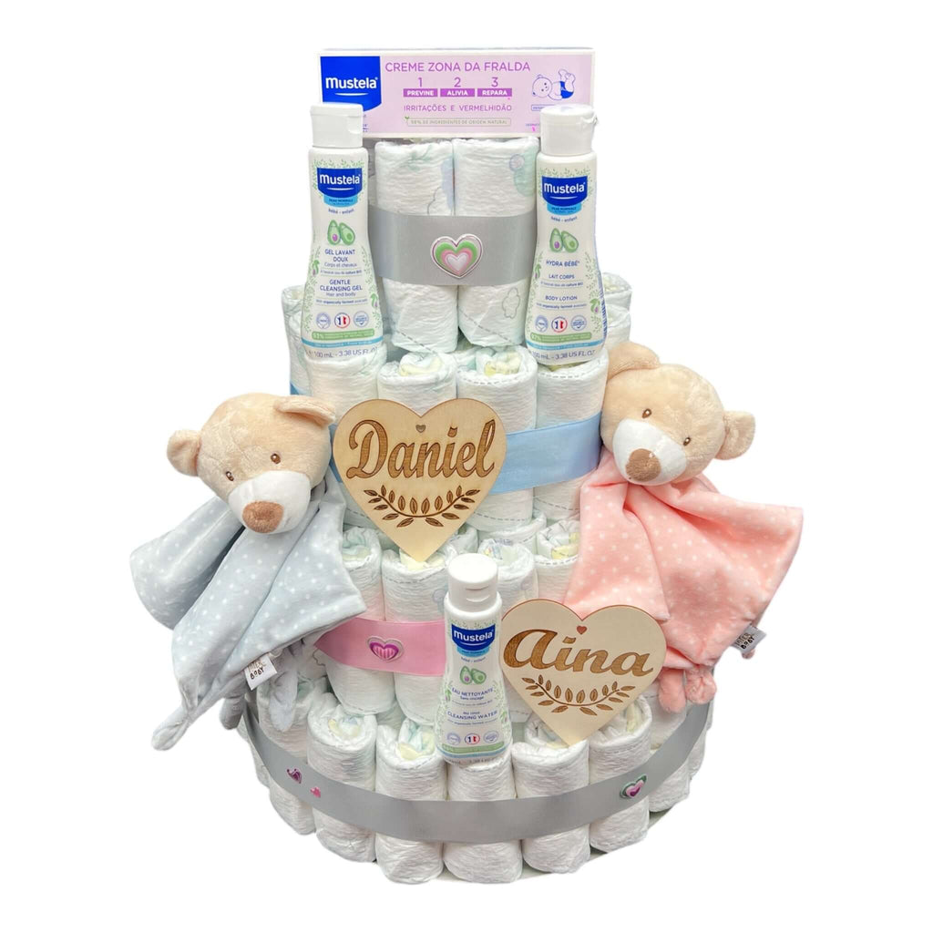 Tarta de pañales para regalar en nacimientos de mellizos o gemelos. Vaya Regalo!!