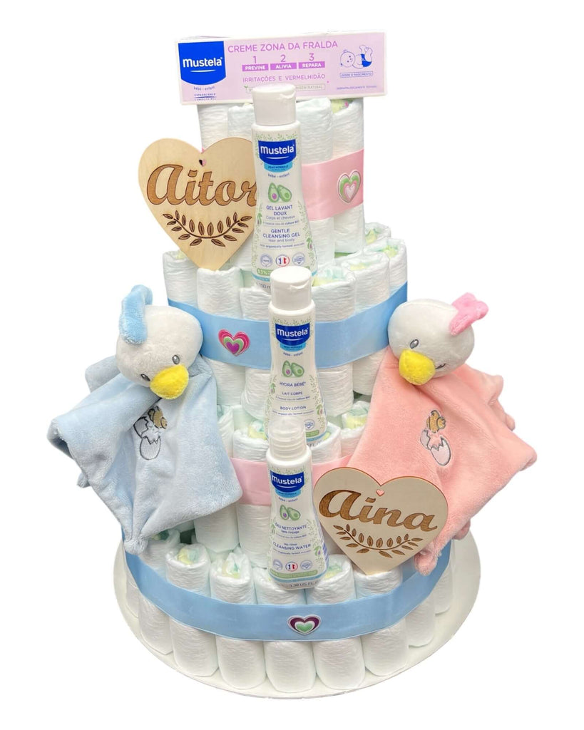 Tarta de pañales con Mustela para hermanitos mellizos o gemelos. Ideal para regalar en nacimientos!