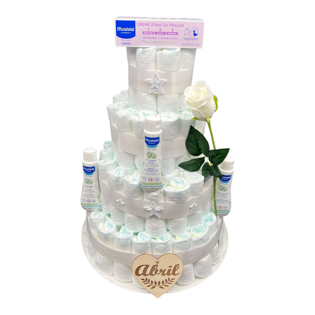 Tarta de pañales Mustela rosa blanca para regalar en nacimientos.